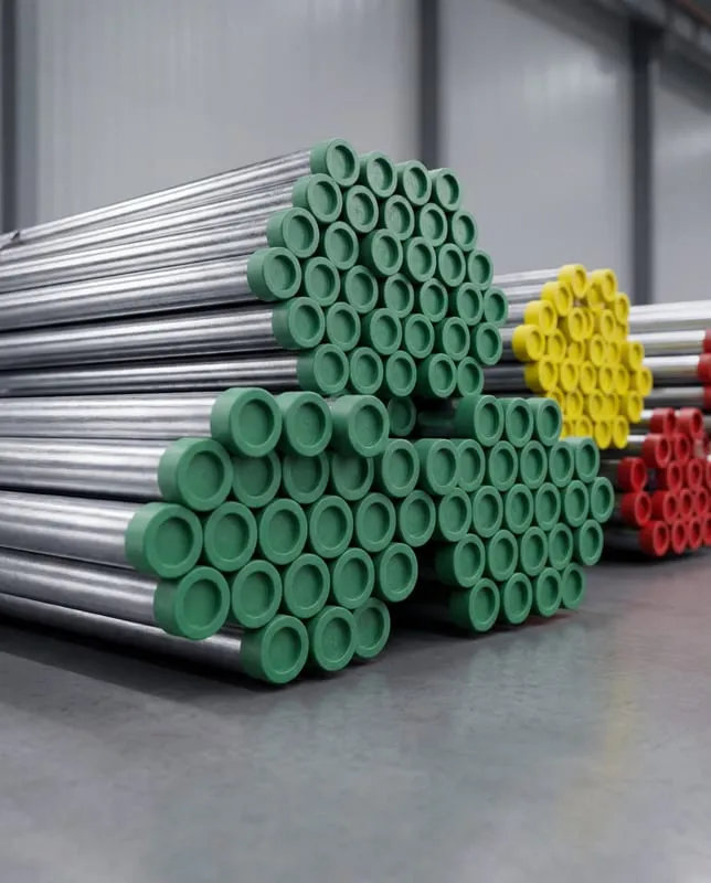 Stack of hot dip galvanized GI pipes with colour coded end caps