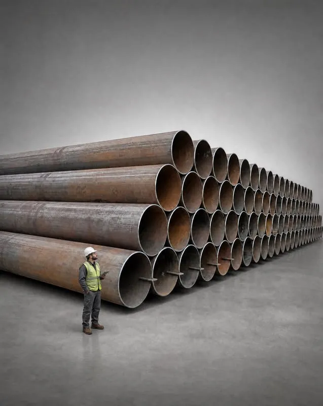 Stack of large diameter LSAW steel pipes with an engineer for scale