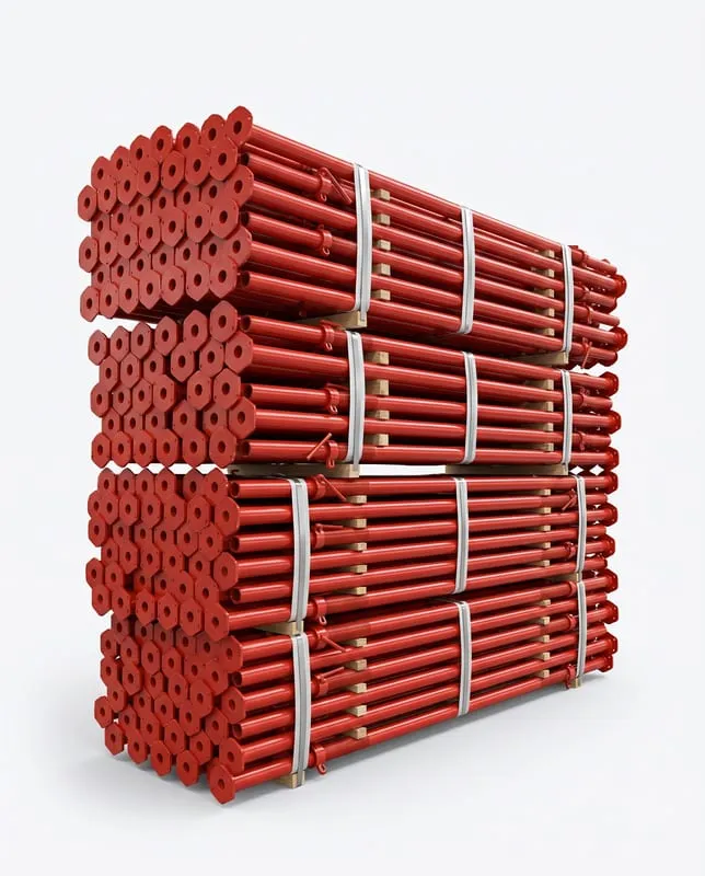 Bundles of red adjustable steel props for slab shoring