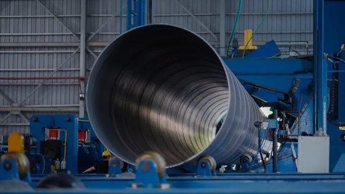Large diameter spiral SSAW steel pipe on the forming line at the GBTL mill