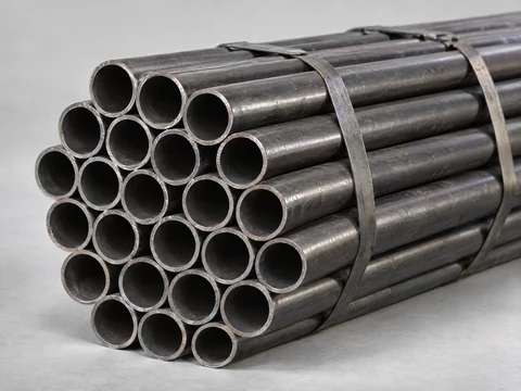 Black mild steel round pipes in a strapped bundle