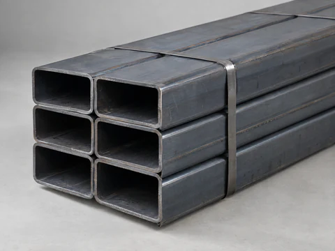 Black mild steel rectangular hollow section tubes in a strapped bundle
