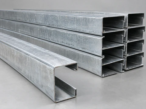 Galvanized steel C purlins, one in front showing the lipped C profile