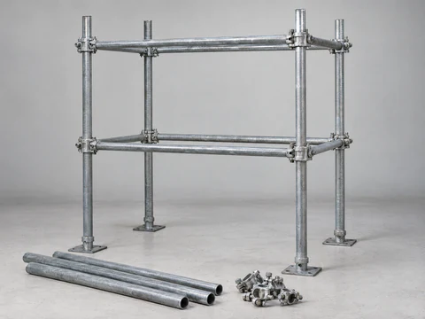 Galvanized steel tube and coupler scaffold bay on base plates
