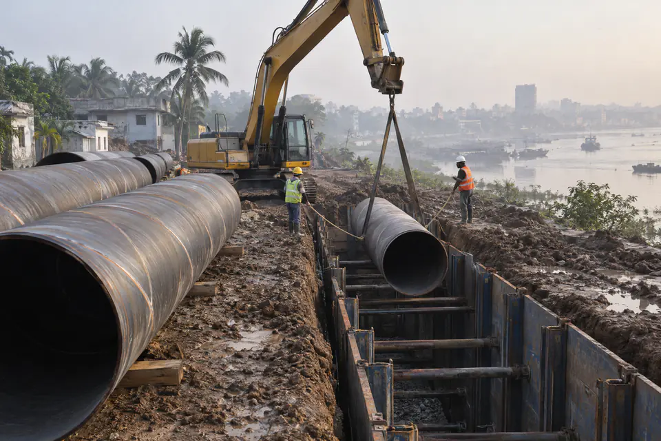 Illustration: large spiral welded steel pipes being lowered into a shored trench for a city water main in Bangladesh