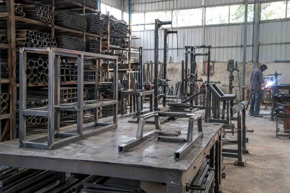 Illustration: a fabrication workshop with racks of steel tube and welded tube frames