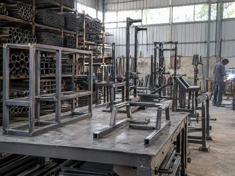 Illustration: a fabrication workshop with racks of steel tube and welded tube frames