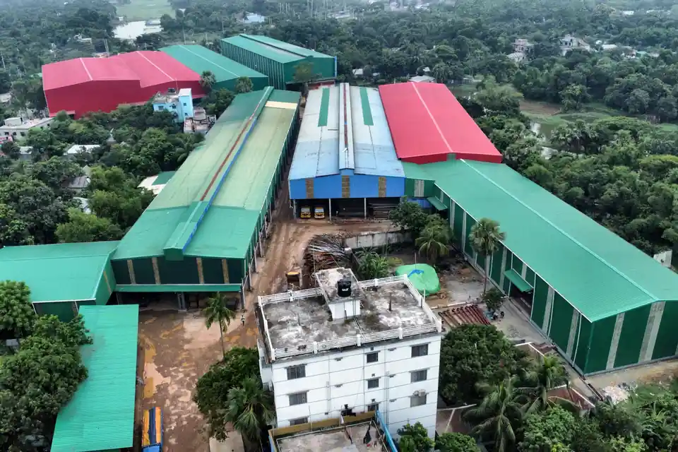Gram Bangla Tubes office block and production sheds in Sonargaon, aerial view