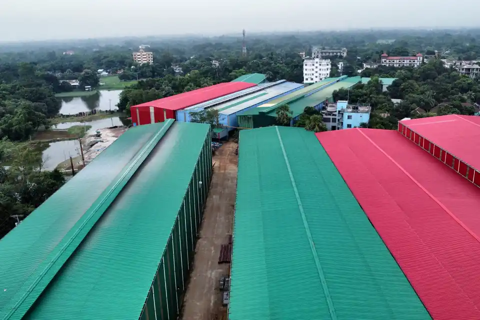 Rooflines of the Gram Bangla Tubes production sheds in Sonargaon, seen from above